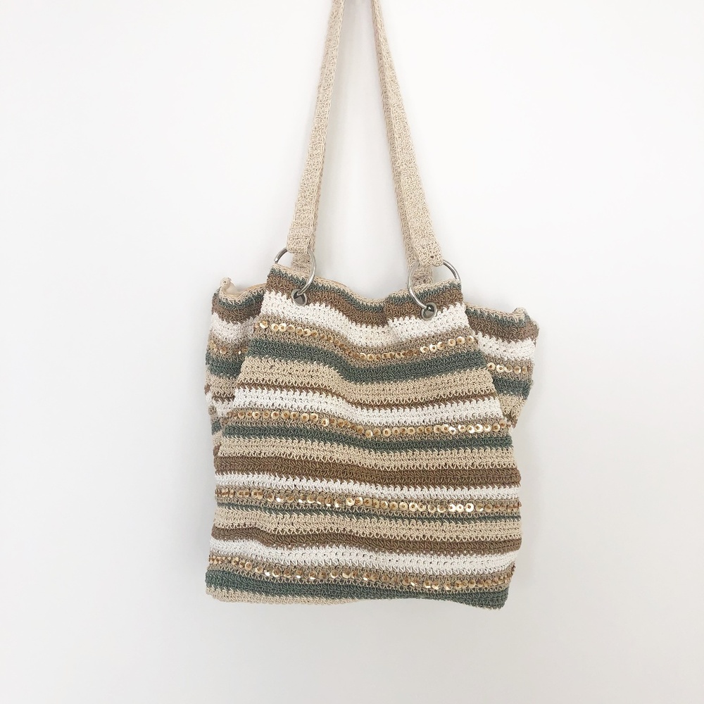 Boho Tan White Green Striped Sequin Hobo Woven Bag